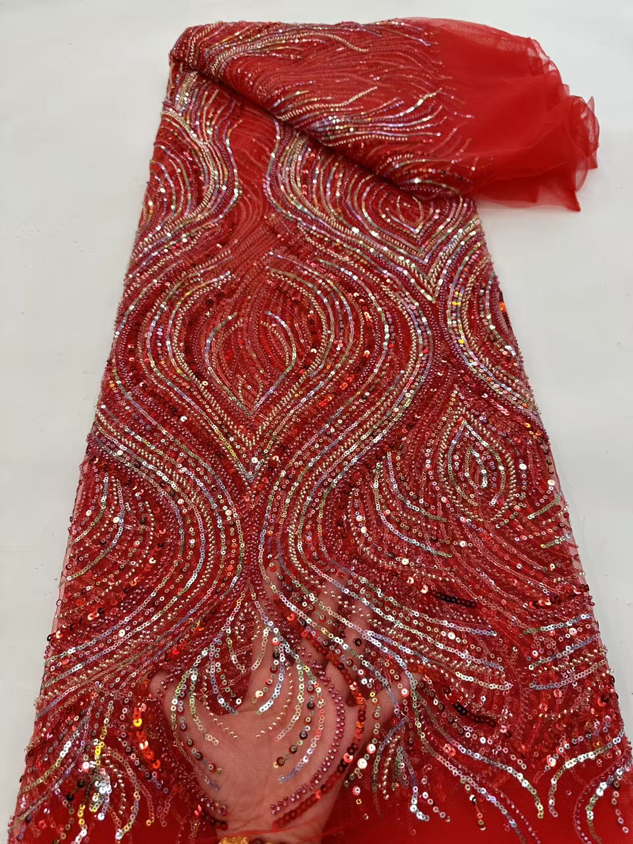 Embroidery Net Dress - Luxury Red African Beaded Mesh Lace