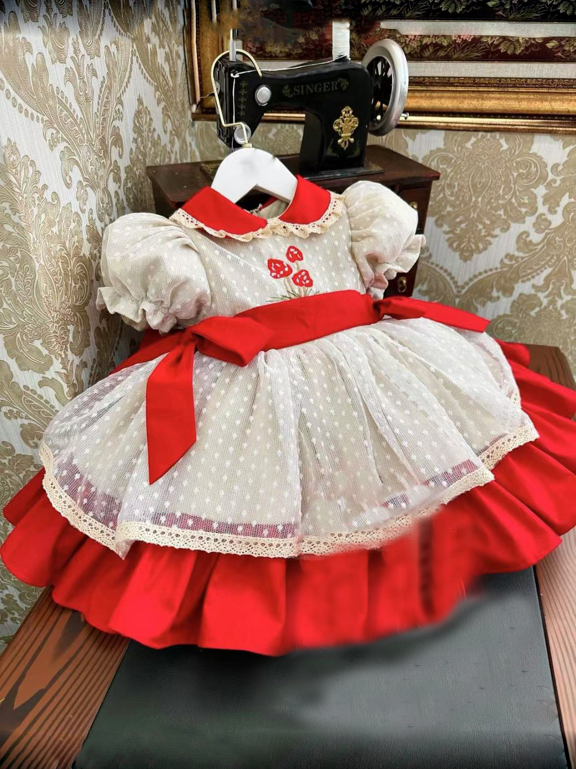 Embroidery Net Dress - Baby Girl Summer Strawberry Embroidery Vintage