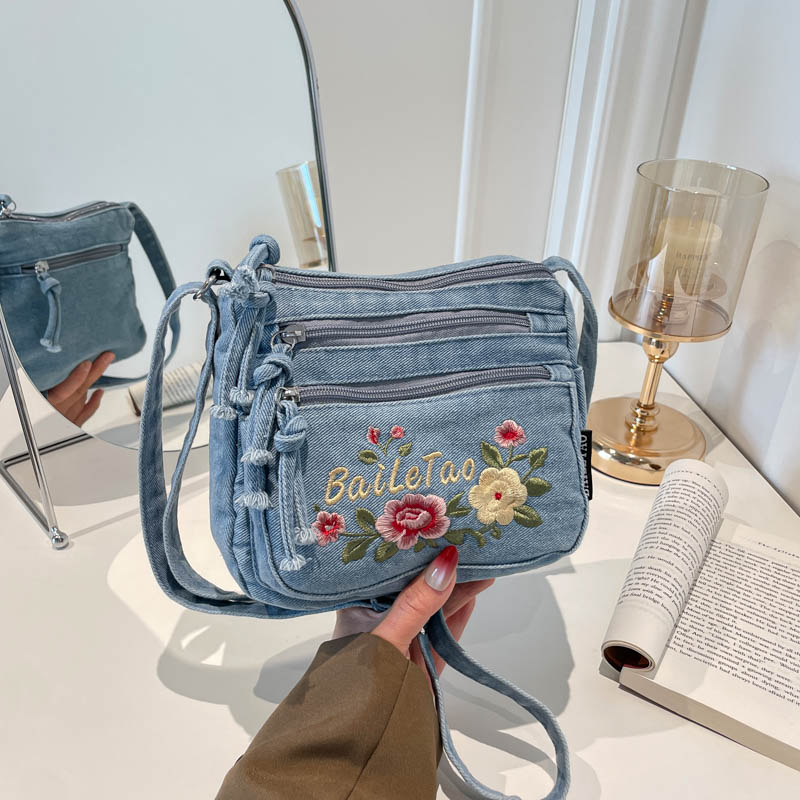 Embroidery Fish - Lightweight Denim Zipper Crossbody Bag Casual