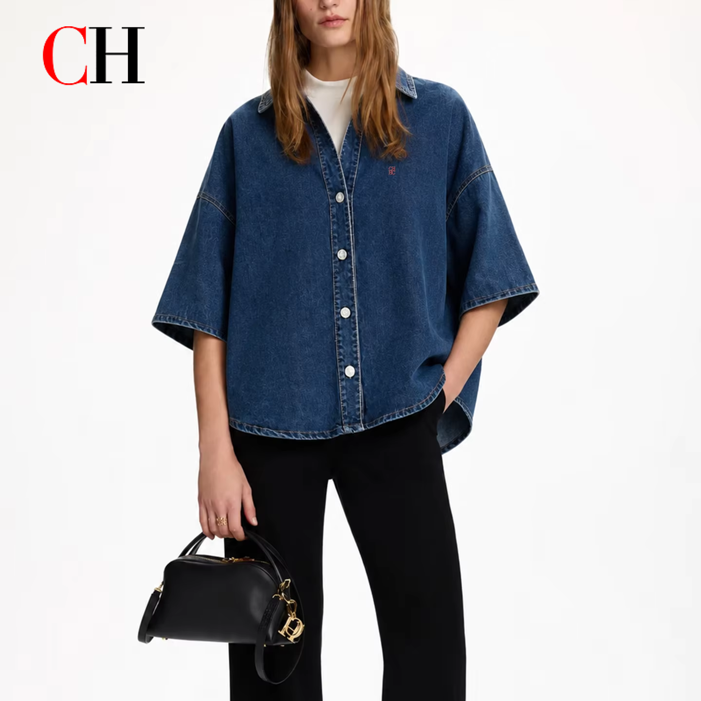 Embroidery Tshirt - CH Letter Embroidered Solid Color Denim