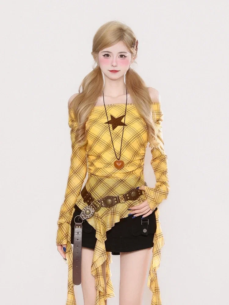 Y2K Plaid Slash Neck Vintage T – Embroidery Tshirt Bewertung und Preis